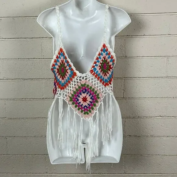 Rebellion Again Top Womens Multicolor Festival Crochet Tank Size S - Picture 3 of 8